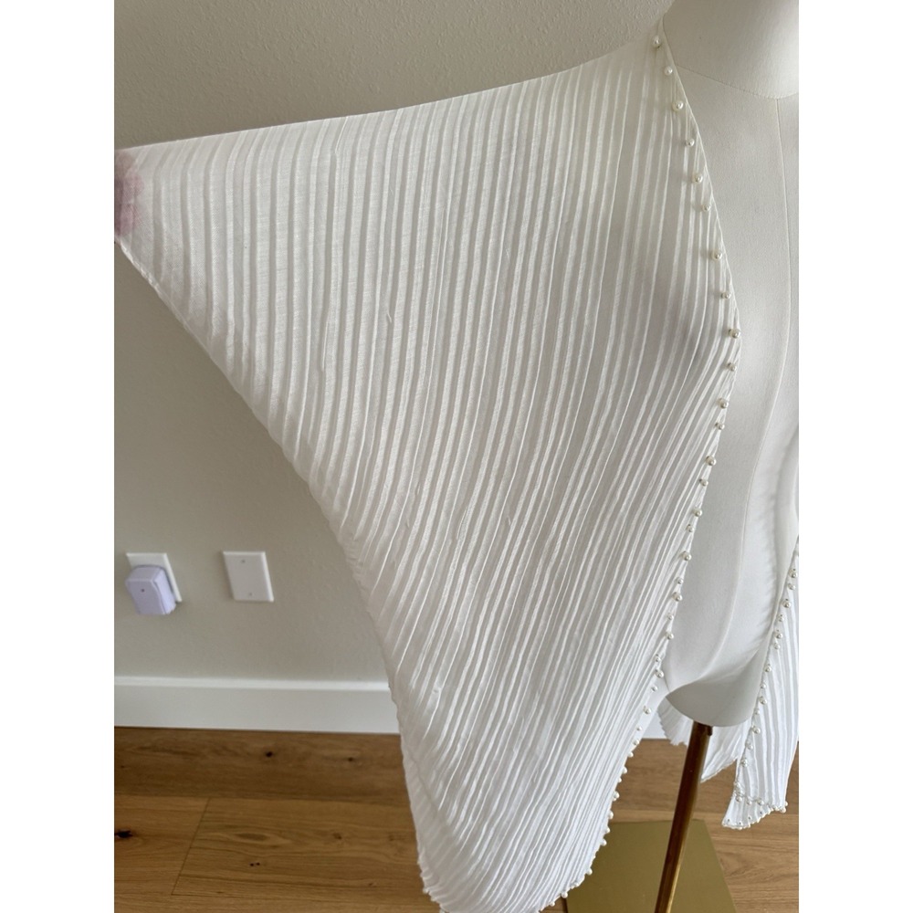 Sheer White Faux Pearl Trim Open Front Kimono Cardi Coverup OSFM Boho Beachy - Picture 3 of 6
